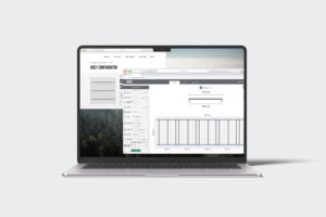 Laptop displaying Troax shelf configurator tool on the screen, illustrating the user-friendly design software for customizing industrial storage solutions.