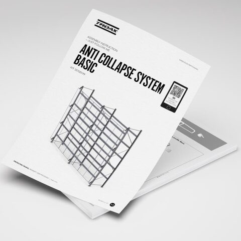 Troax Anti Collapse System Basic assembly instruction manual, showcasing a detailed schematic of the safety product with a QR code for a interactive assembly instruction.