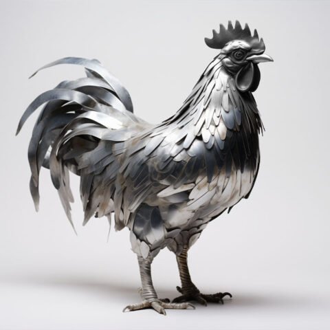 An intricate sculpture of a rooster made from metallic feathers with detailed craftsmanship, displayed against a clean, white background.