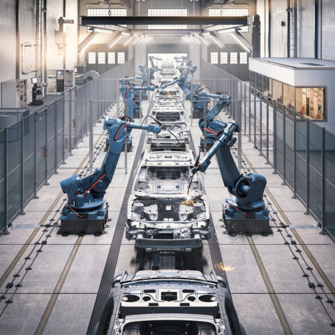 High-precision robotic arms equipped surronded by Troax safety fencing systems operating on an automotive assembly line, exemplifying cutting-edge manufacturing technology