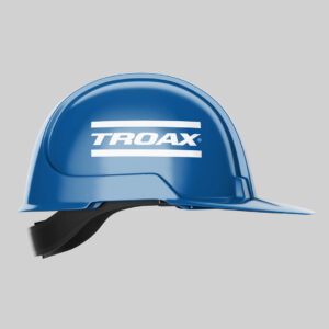 Blue safety helmet with the Troax logotype all in white printed on the side.
